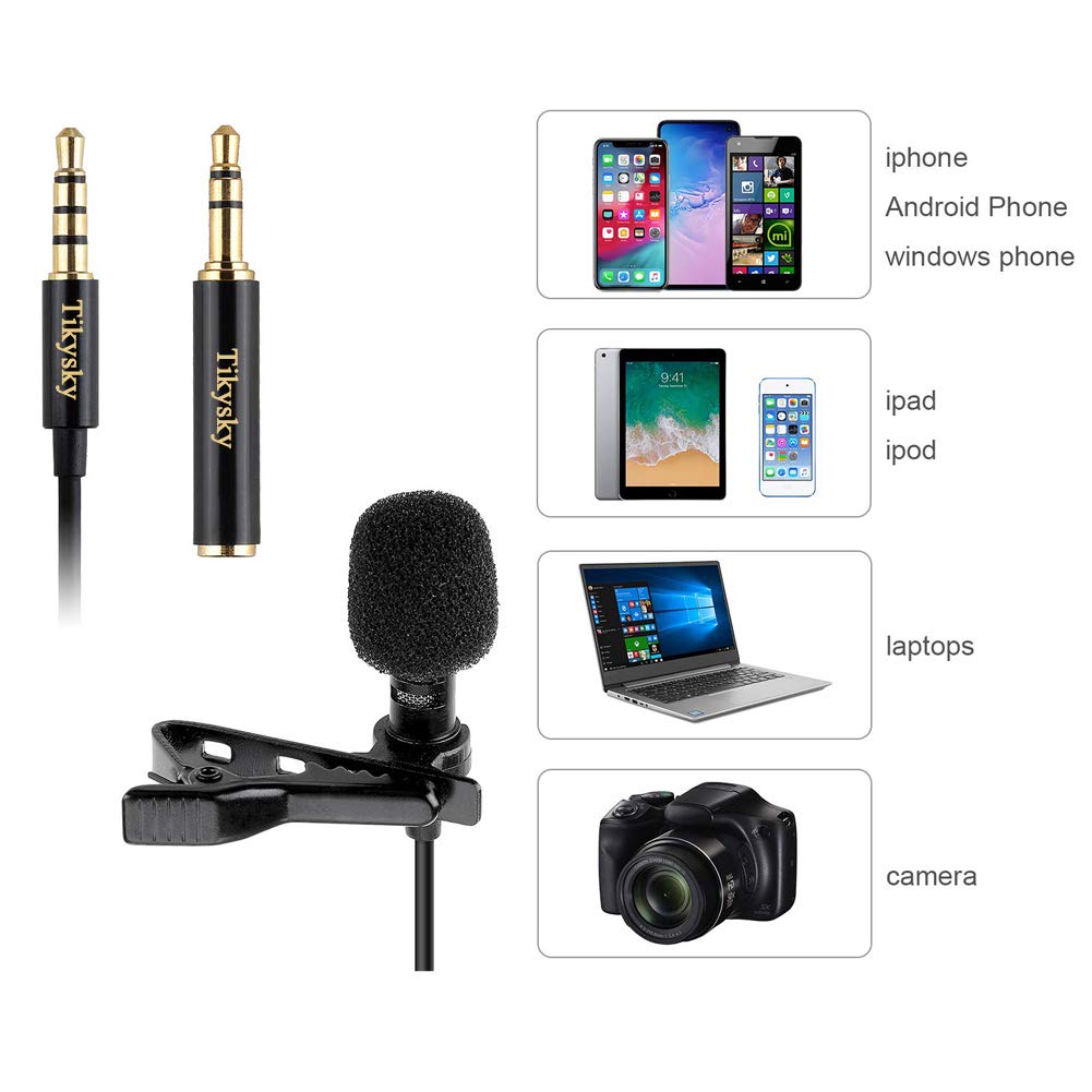 Lavalier Lapel Microphone,Tikysky Clip On Lav Mic for iPhone Android Cell Phone Smartphone Camera Vlog Interview Video Recording Podcast