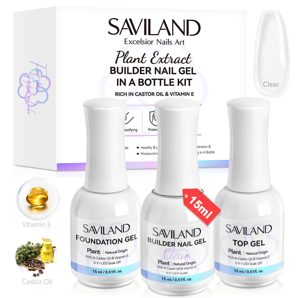 SAVILAND Clear Builder Nail Gel Kit in a Bottle: 3 Pcs 15ml Vitamin E Ingredient Builder Nail Gel Base & Top Gels with Castor Oil Hard Gels for Nails Strengthener Extension Repair Nail Art Home Salon