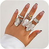 YHWQYR Chunky Gold Rings Set for Women Stackable Statement Flower Ring Sets Baroque Pearl Ring Chunky Jewelry Set