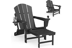 Mdeam Folding Adirondack Chair with Retractable Ottoman, HDPE All-Weather Fire Pit Chair with 2 Cup Holders, Outdoor Chair for Deck Patio Garden Backyard Lawn (Black)