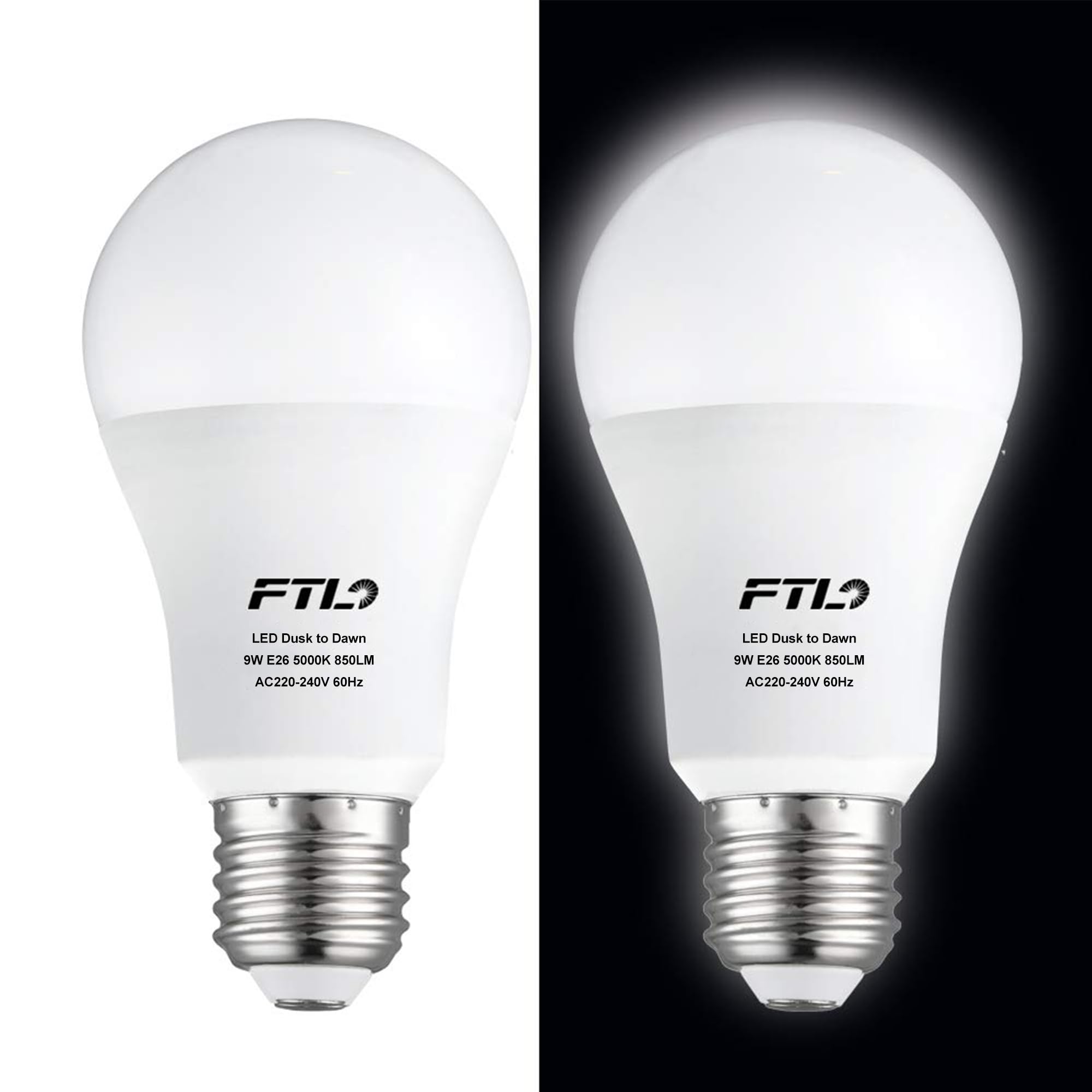FTL Dusk to Dawn Light Bulb LED 9W (60W Equivalent) Cool White 5000K E27 Outdoor Sensor Light Bulb for Porch, Garage, Garden,Pathway 2-Pack