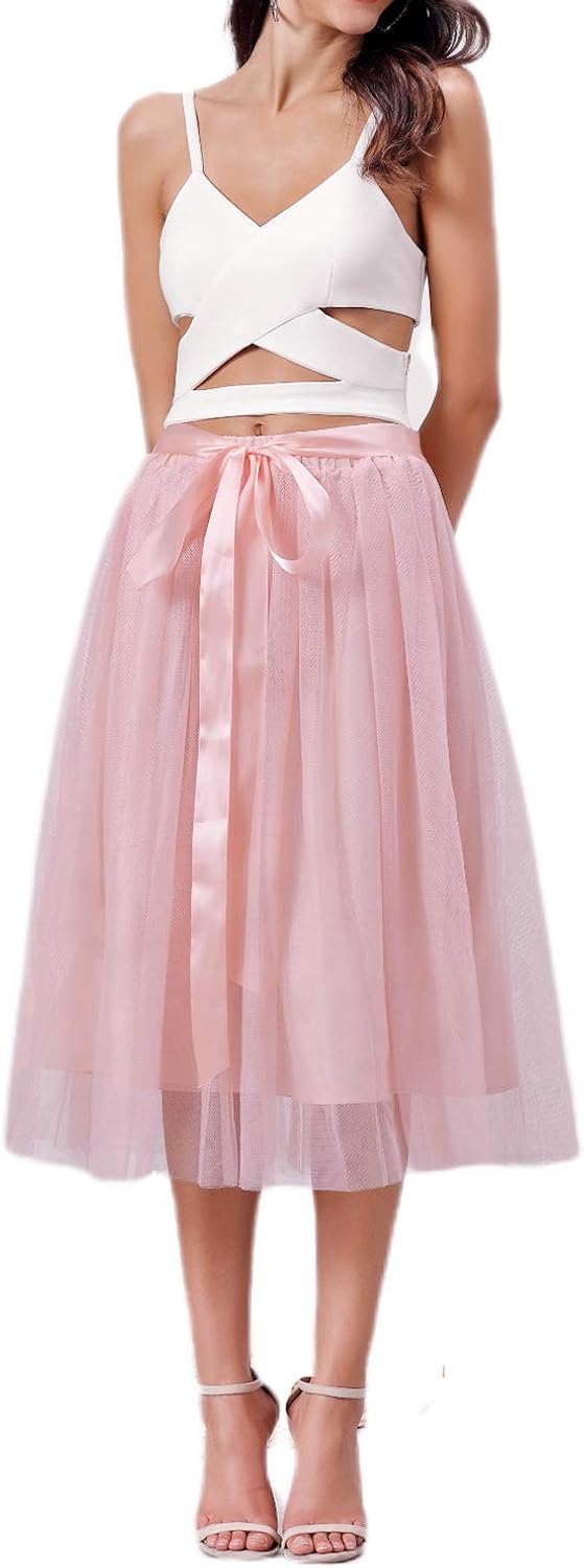 Joeoy Women's Elastic Waist Ballet Layered Princess Mesh Tulle Midi Skirt at  Women’s Clothing store