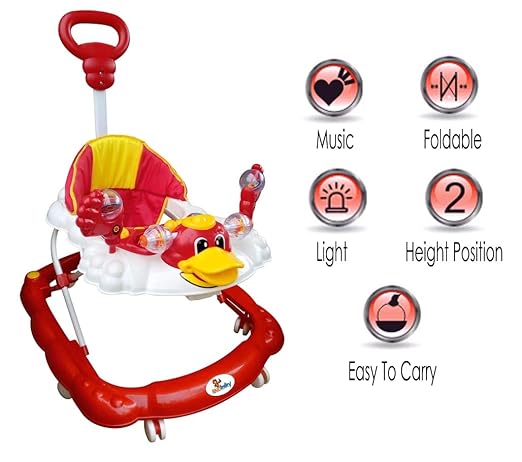Sunbaby Cute Lucky Duck face Baby Walker with Soft Cushioned Seat -Red