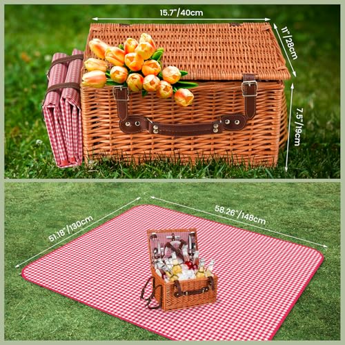 4 Person Picnic Basket, Wicker Picnic Set with Insulated Bag, Waterproof Picnic Blanket and Cutlery Set, Picnic Basket for Camping, Pink