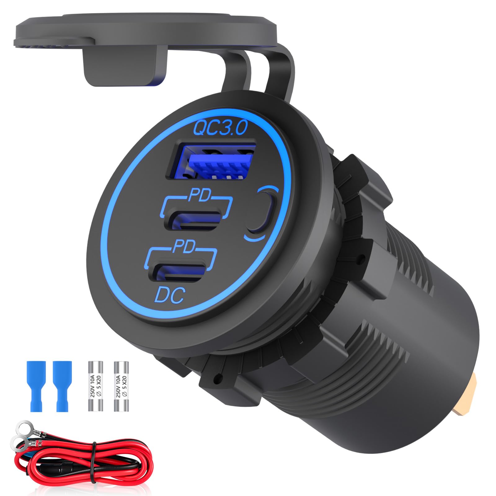 Photo 1 of 12V USB Outlet, MecRecare Marine USB Outlet Waterproof Dual PD 3.0 and Quick Charge 3.0 Charging Port 12V/24V with Power Switch for Golf Cart Car RV Boat Marine Truck ATV Motorcycle