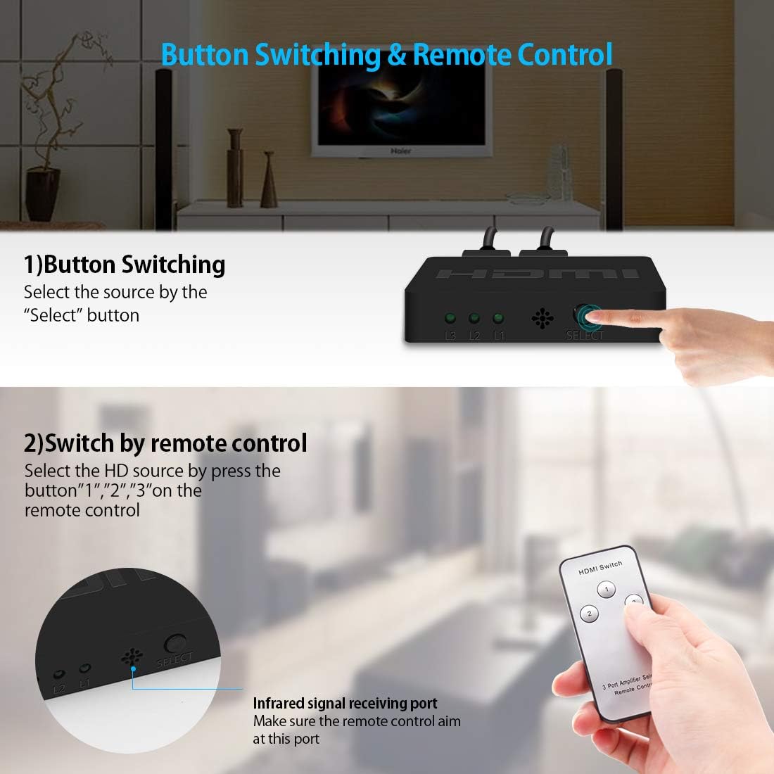 3 Port HDMI Switch 4K 3 in 1 Out HDMI Switcher Selector Box Support UltraHD Dolby Vision, High Speed(Max to 18.5Gbps), HDR10, HDCP 2.2 & 3D for Xbox PS3 PS4 TV Fire Stick (DK301D): Electronics