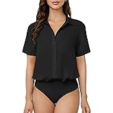 TQD Women Button Down Bodysuit Long Sleeve Collared Shirt Satin Blouse Bodysuits Tops Business Casual Office Professional