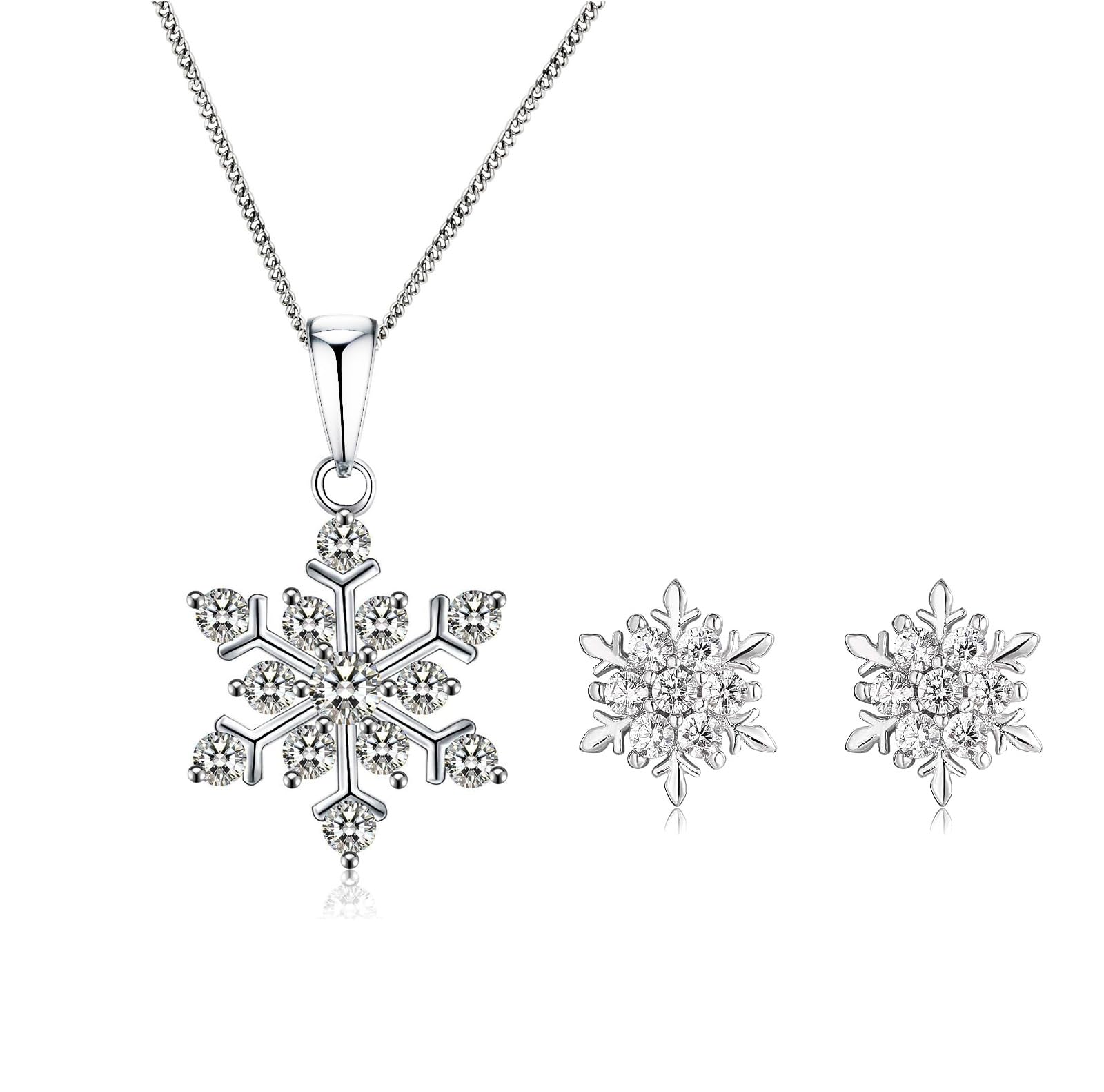 Kaguyo Jewellery Sets for Women - 925 Sterling Silver Blue Clear Zirconia Flashes Snowflake Pendant Necklace with Crystal Snowflake Earrings Jewellery Set for Women Girls - Birthday Gift (white)