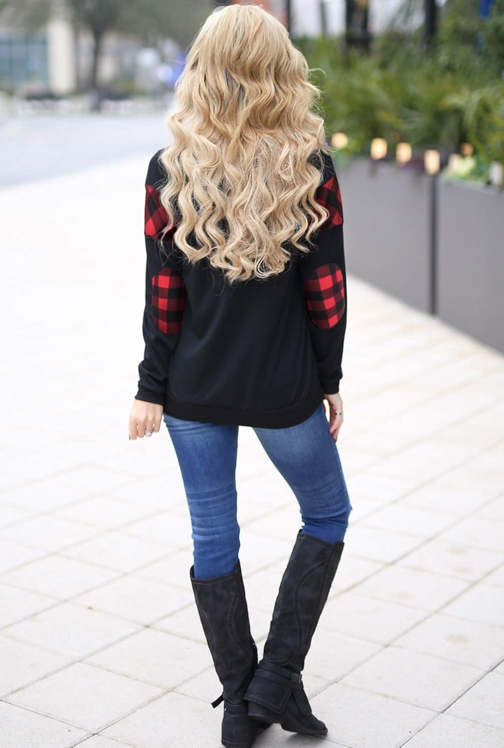 Blooming Jelly Women's Color Block Plaid Shirt Crewneck Sweatshirt Elbow Patches Pullover Sweatshirt Top at  Women’s Clothing store