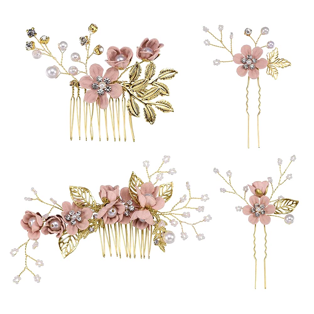 3 Pcs Bridal Hair Pins, Wedding Flower Hair Clip Decorative Pearl Comb for Wedding Hair Accessories Headpiece (Pink)