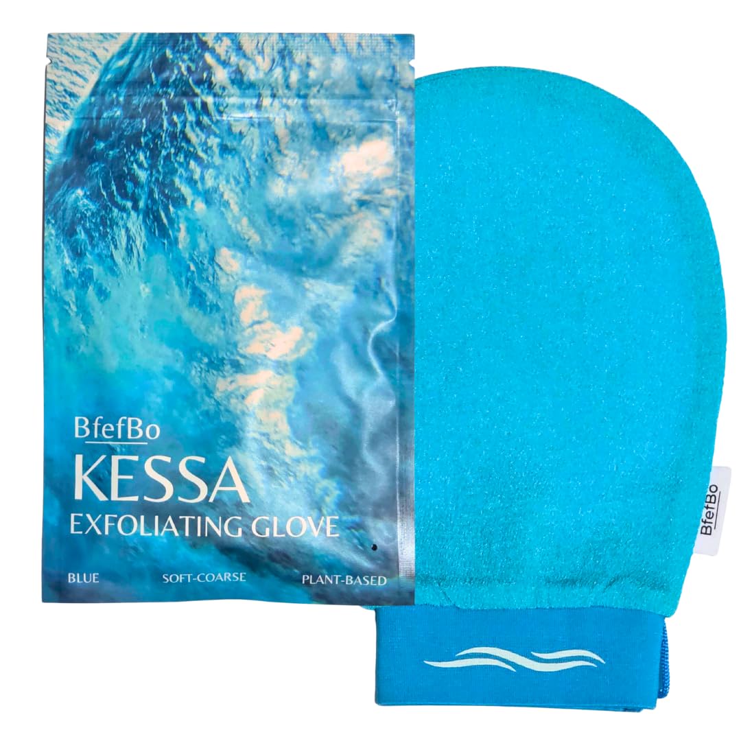 BfefBo Body Exfoliating Glove, Blue Kessa Bath & Shower Mitt, Body scrub, Exfoliator, Plant based (Blue)