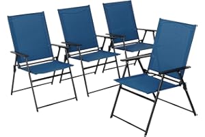 Anmutig Patio Chairs, 4pcs Foldable Outdoor Sling Chairs with Armrests, Blue, Metal, Set of 4, for Lawn, Pool, Courtyard, Balcony & Garden