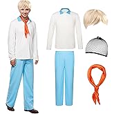 SERTAS Adult Halloween Costume for Men, Classic White Long Sleeve Shirt, Blue Pants, Orange Scarf, Blonde Wig Wig Cap