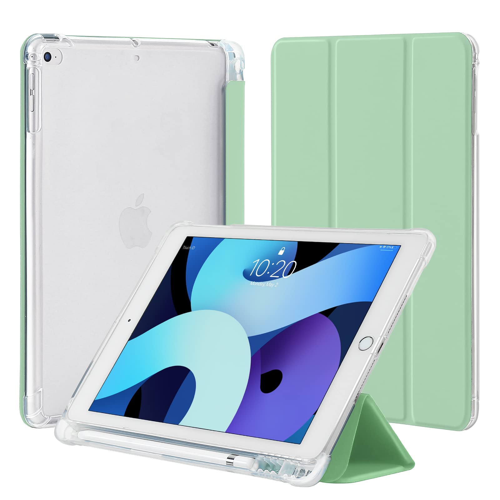4UBonLife Case for iPad 6th / 5th Generation 9.7 inch 2018 2017 with Pencil Holder, Compatible with iPad Air 2/1, Slim Lightweight Soft TPU Case, Translucent Frosted Back Cover Shell, Mint Green