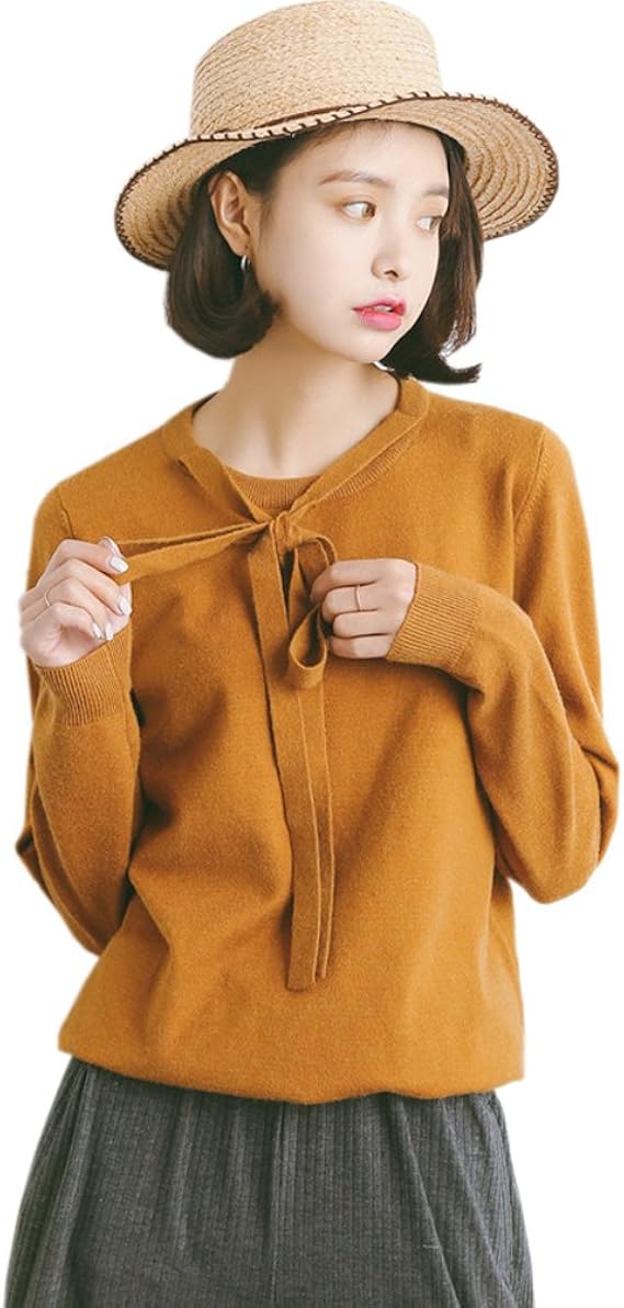 Amazon Ensasa Fashion セーター レディース 長袖 ボウタイ リボン 可愛い ニットトップス ゆったり 無地 秋冬 ニット セーター イエロー セーター 通販