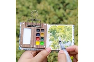 Compact Travel Watercolor Palette Pocket Set - This Set Includes a Portable Wooden Palette with 8 Compartments, a 12-Color Pa