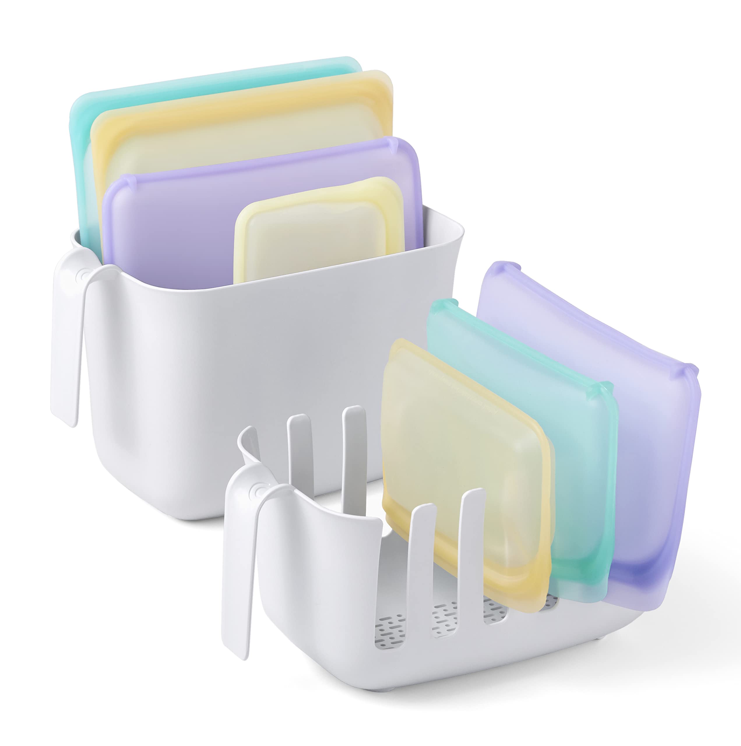 YouCopia Reusable Silicone, White, Bag Drying Rack and Bin Set