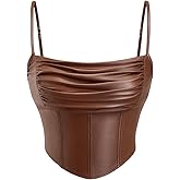 Milumia Women's Ruched Faux Leather Bustier Top Spaghetti Straps Corset Crop Tops