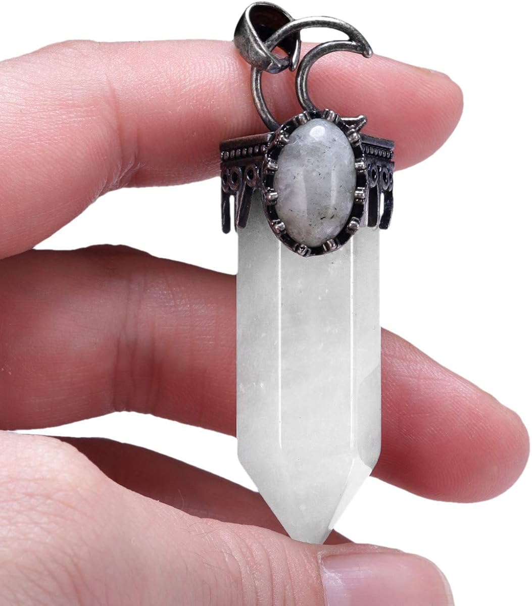 mookaitedecor Natural Clear Quartz Crystal Point Necklace for Women Men Crescent Moon Necklace Bullet White Crystal Pendant Necklace Reiki Chakra Vintage Healing Crystal Necklace Gift with Box - Image 3