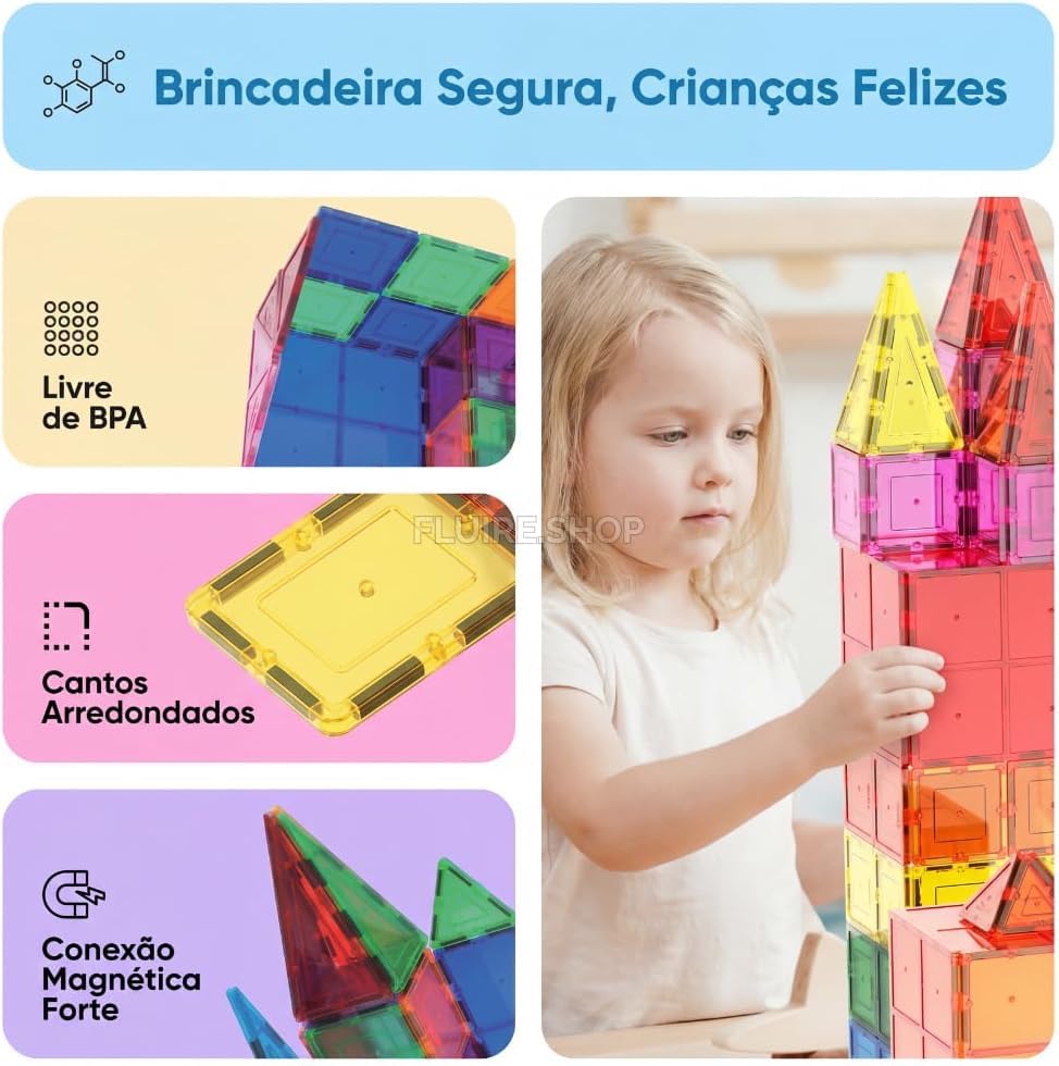 Blocos Magneticos Infantil de Montar Peças, Brinquedo Educativo Construção Infantil 2D, 3D, Jogo Pedagógico para Coordenação Motora, Raciocínio Lógico, Criatividade e Aprendizado STEM (56 peças)