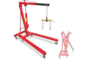 LOCKIETTA Engine Hoist with Lever, 2 Ton 4450 LBS Heavy Duty Engine Lift Cherry Picker, Foldable Engine Crane Shop with 6 Casters and Telescopic Boom Hitch, Red