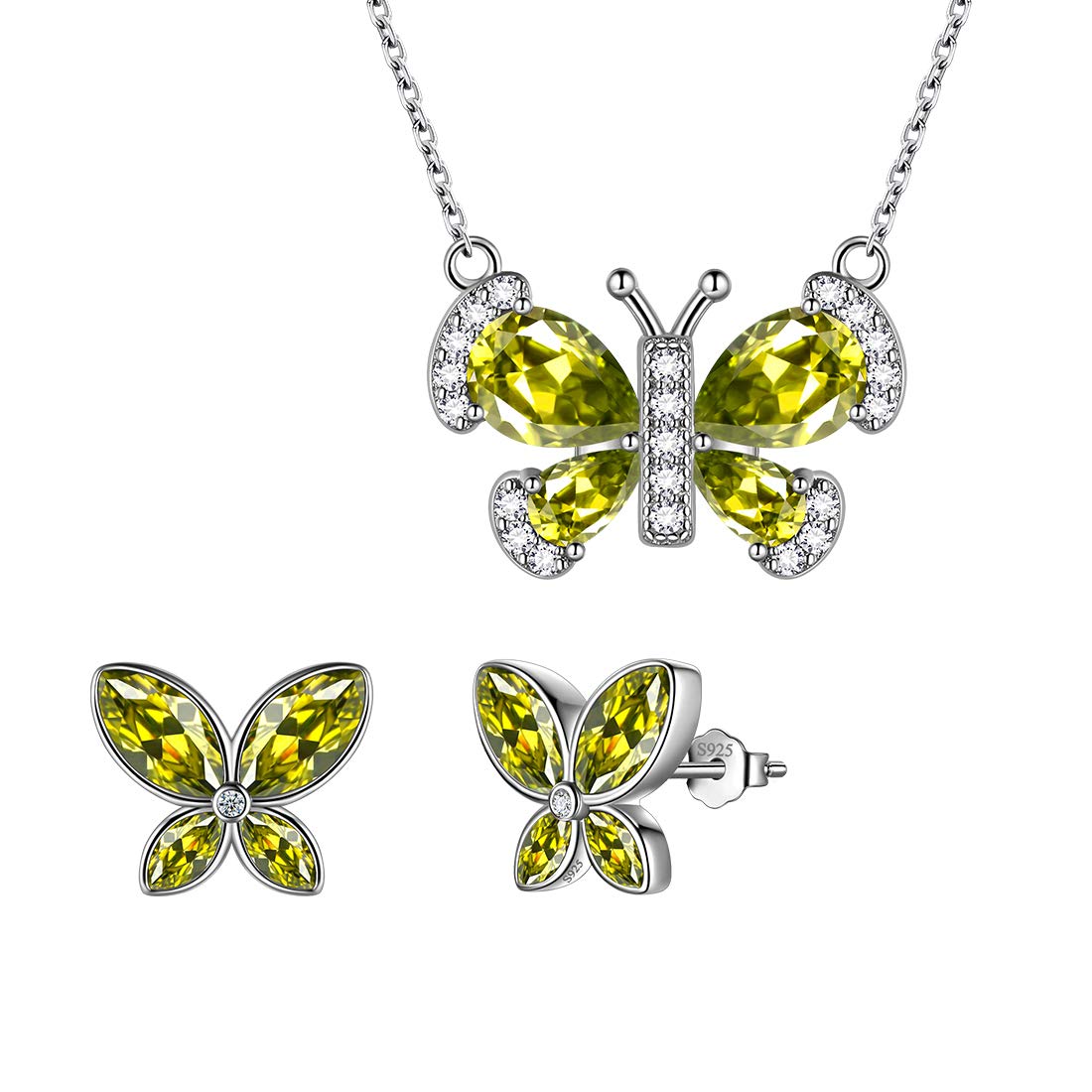 Aurora Tears Green Butterfly Jewellery Sets Women 925 Sterling Silver Animal Butterflies August Birthstone Peridot Necklace/Earring Set Crystal Wedding Birthday Jewelry DS0090A