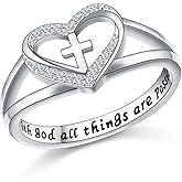 Alphm S925 Sterling Silver Cross Heart Inspirational Faith Bible Verse Christian Rings for Women Jewelry Teen