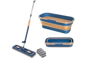 HOVTOIL Flat Mop and Collapsible Bucket, Flat Squeeze Mop Foldable Bucket with Handle and Wheel Washing Mop Microfiber Pads for Floor Cleaning, Portable Cleaning Mop and Bucket Sets Blue