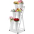 HuaShuani Flower Display Stand with 6 Buckets, 3-Tiers Metal Mobile Florist Bouquet Stand Flower Cart with 4 Wheels for Indoor Outdoor Patio Garden, Living Room, Florist