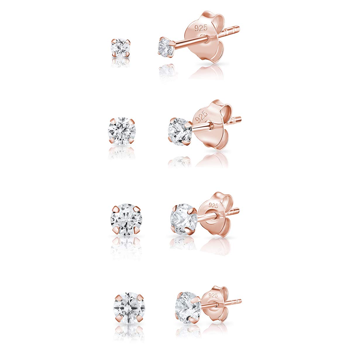 Set of 4 Rose Gold Plated Studs Earrings with Cubic Zirconia 2,3,4,5 mm - Diamond Studs Earrings for Women - Small Gold Stud Earrings with CZ - Rose Gold Earrings - Clear Studs
