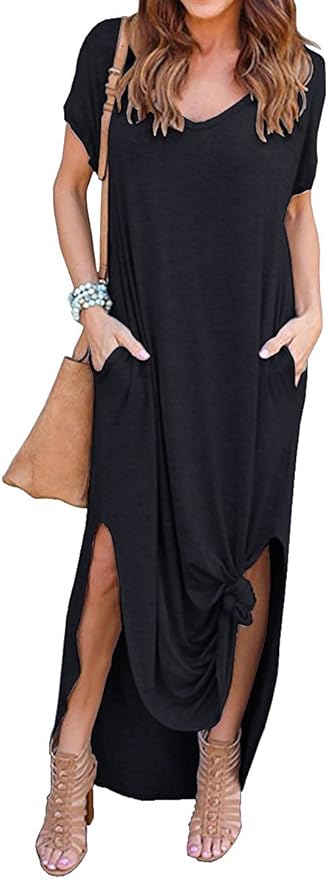women's casual loose pocket long dress short sleeve split maxi dresses