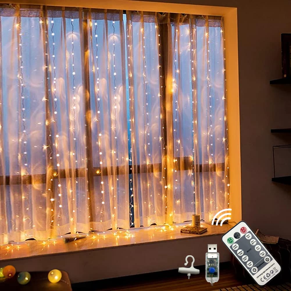 WALCHO Curtain Lights, 2.4M*1.8M USB Powered Fairy Silver String Lights Built-in Warm White 144 LED,Remote Control Controls 8 Modes & Timer,IP65 Waterproof,Hung on Walls, Windows,Christmas Trees