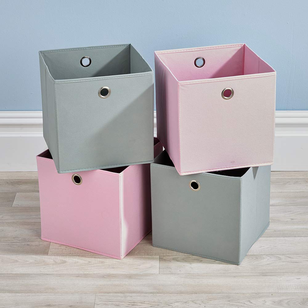 Home Source Cube Storage Boxes, Collapsible Fabric Storage Baskets, Foldable Canvas Organising Boxes, 4 Piece, 2 Pink, 2 Grey