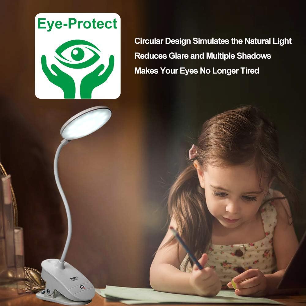 Miday Clip on Lamp, Battery Powered Reading Lamp, Clip on Light for Bed Clip on Battery Light with 3 Brightness Level, USB Rechargeable, Reading Lamp - - 