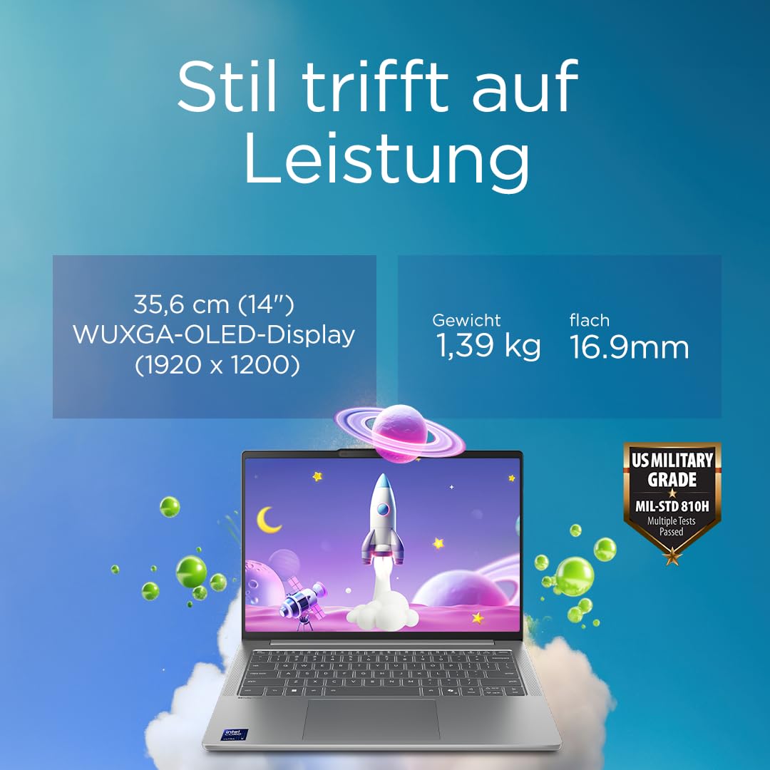 Lenovo IdeaPad Slim 5i Laptop | Copilot+ PC | 14" WUXGA OLED Display | Intel Core Ultra 9 185H | 1TB SSD | 32GB RAM | Intel Arc Grafik | QWERTZ | Beleuchtet | Win11 | Grau | 3 Monate Premium Care 6