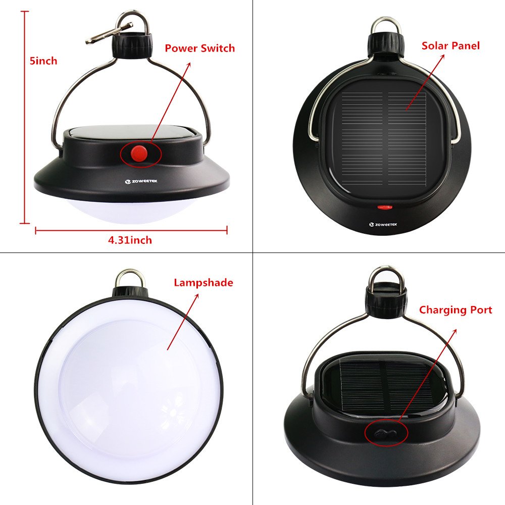 Zoweetek Portable Camping Light with 60 LEDs 360LM 5 Modes Outdoor Tent Lantern with Solar / Electricity Charging for Garden Hiking or Emergencies