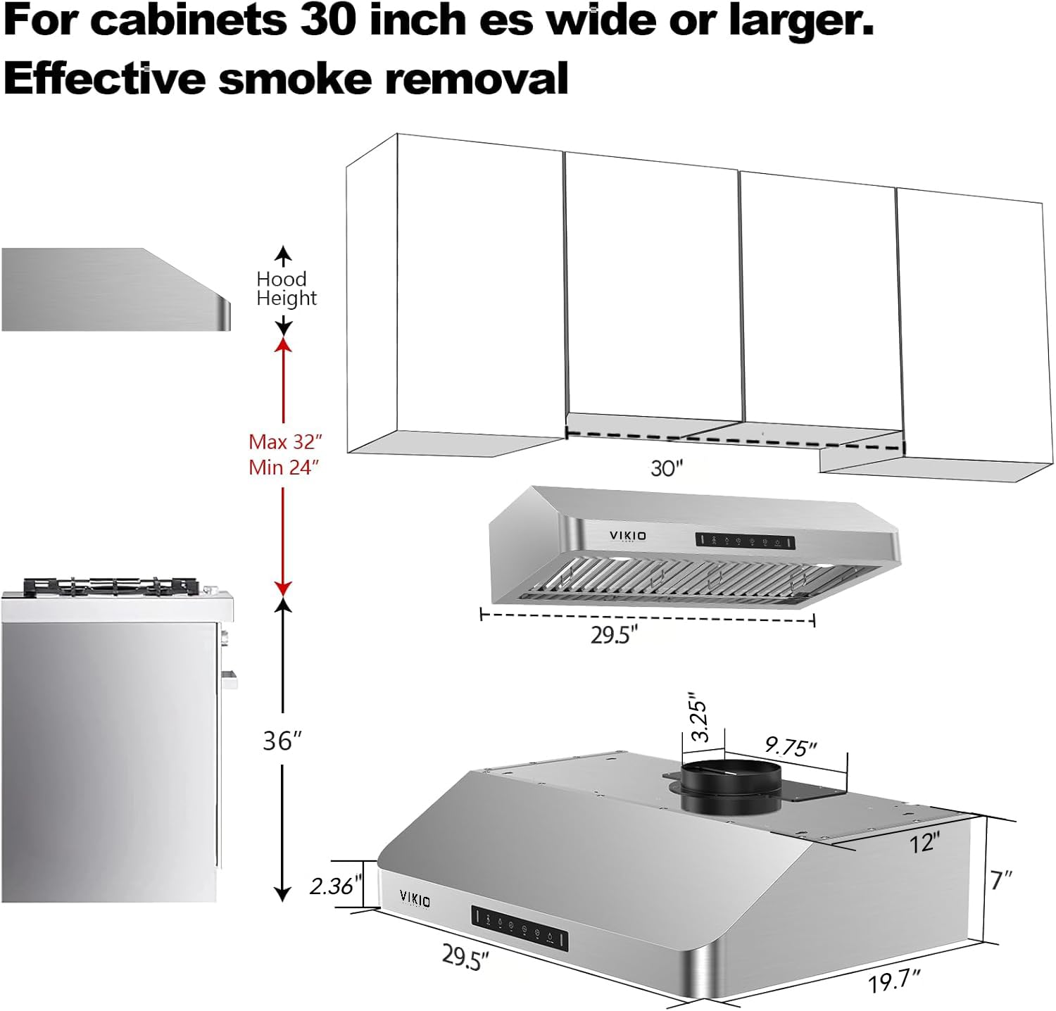 Range Hood 30 Inch Under Cabinet, Kitchen Hood with 980 CFM, 3-Speed Gesture Sensing & Touch Control Panel, Stainless Steel Vent 2 Pcs Baffle Filters with Handlebar