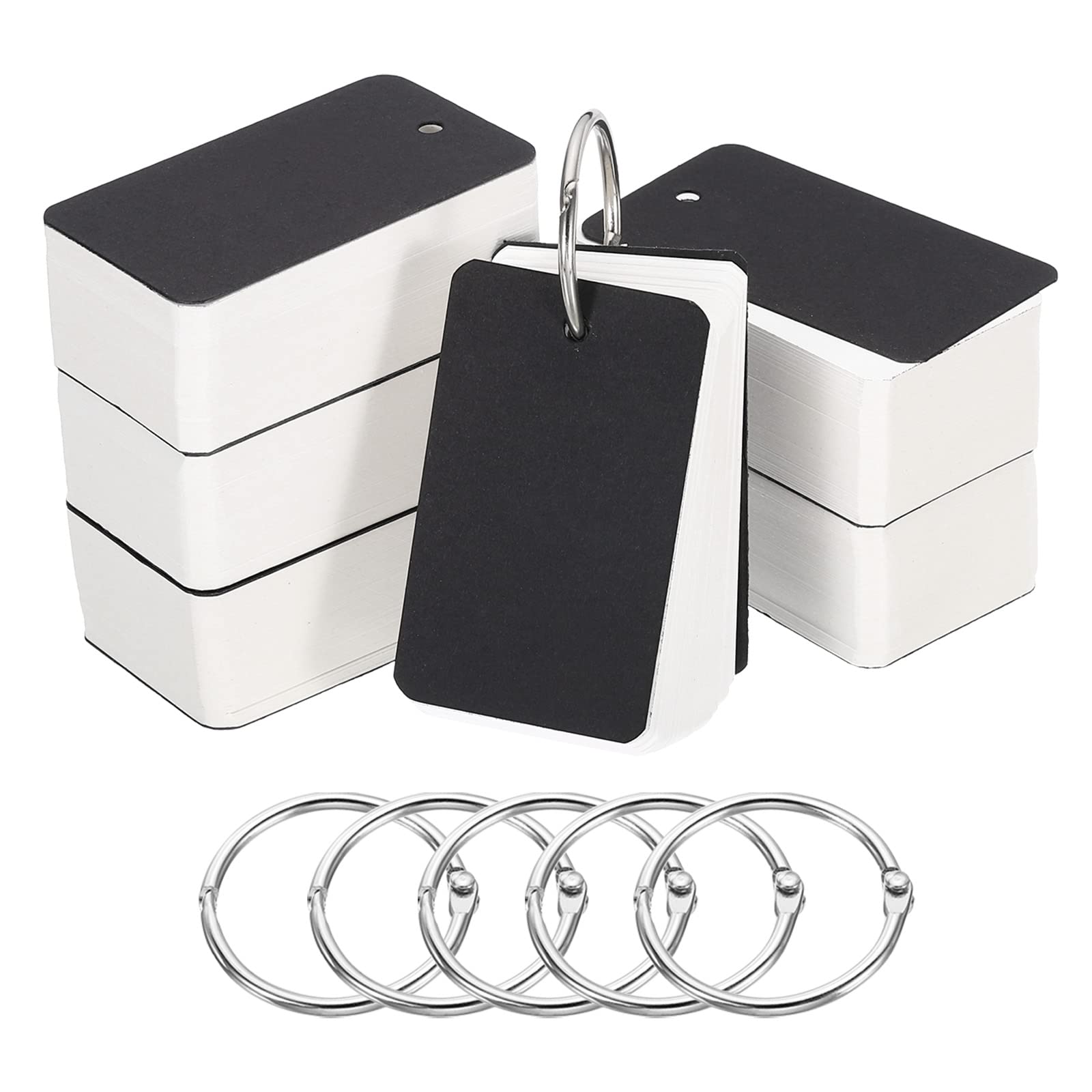 PATIKIL Blank Index Cards with Ring, 600Pcs Blank Flash Card 2.8x1.6 Study Note Cardstock for Memory Learning Studying Office Supplies, Black White