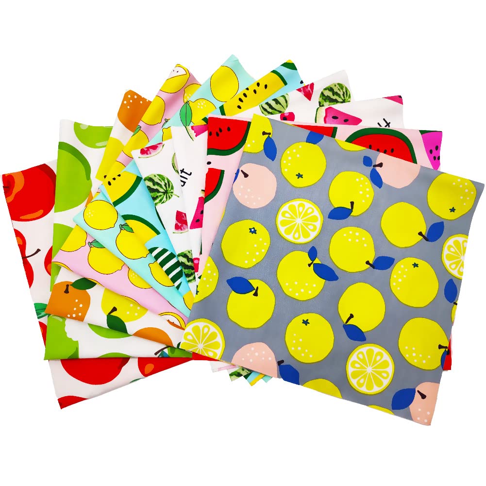 QiMicody Fat Quarters Fabric Bundles, 10 Pcs 100% Cotton 19.69” x 19.69” (50cmx50cm) Precut Quilting Fabric Squares Sheets for DIY Patchwork Sewing Quilting Crafting, No Repeat Design (Fruit Pattern)
