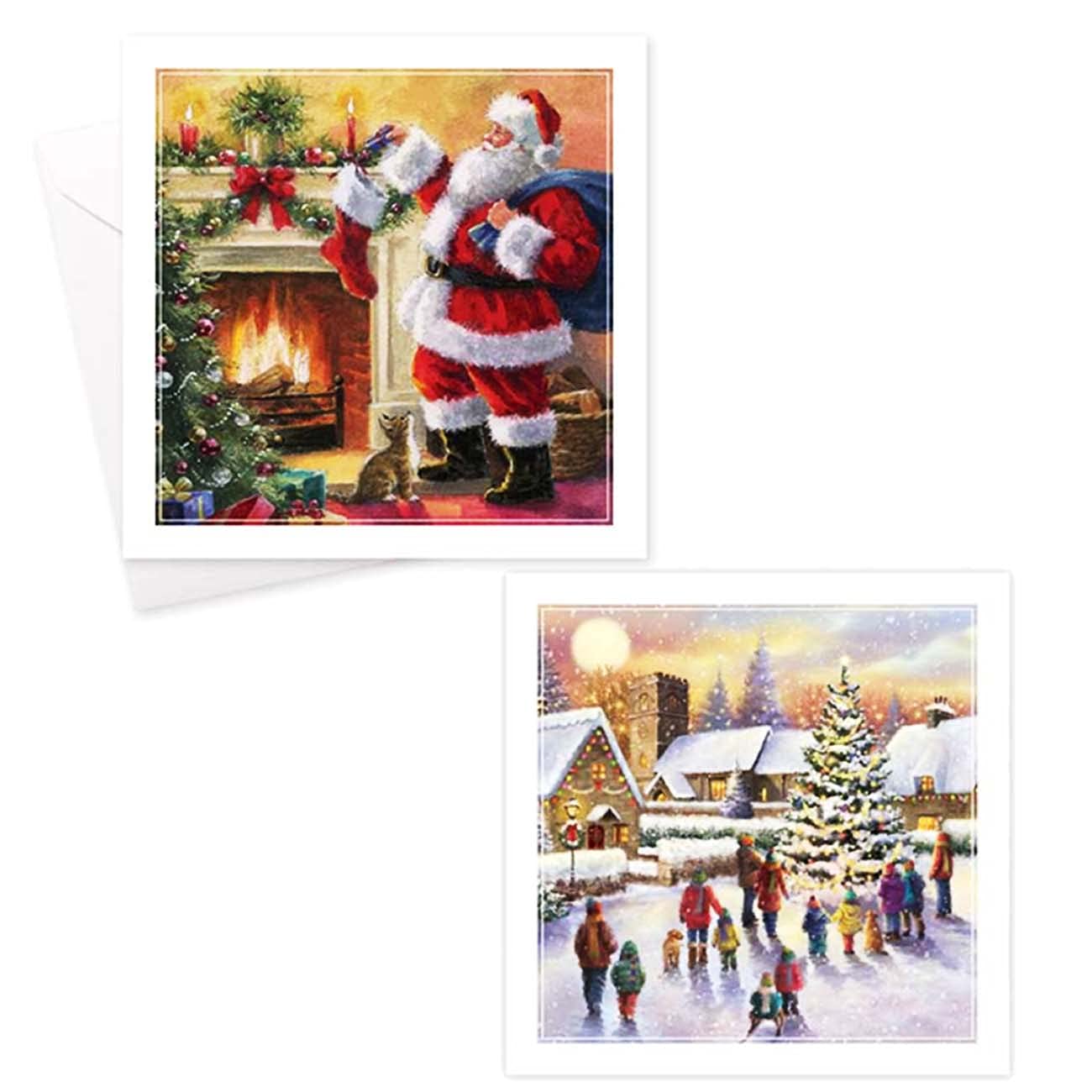 Traditional Santa & Christmas Tree Village Christmas Cards Assorted Festive Theme - 20 Cards in 2 Traditional Designs & Envelopes