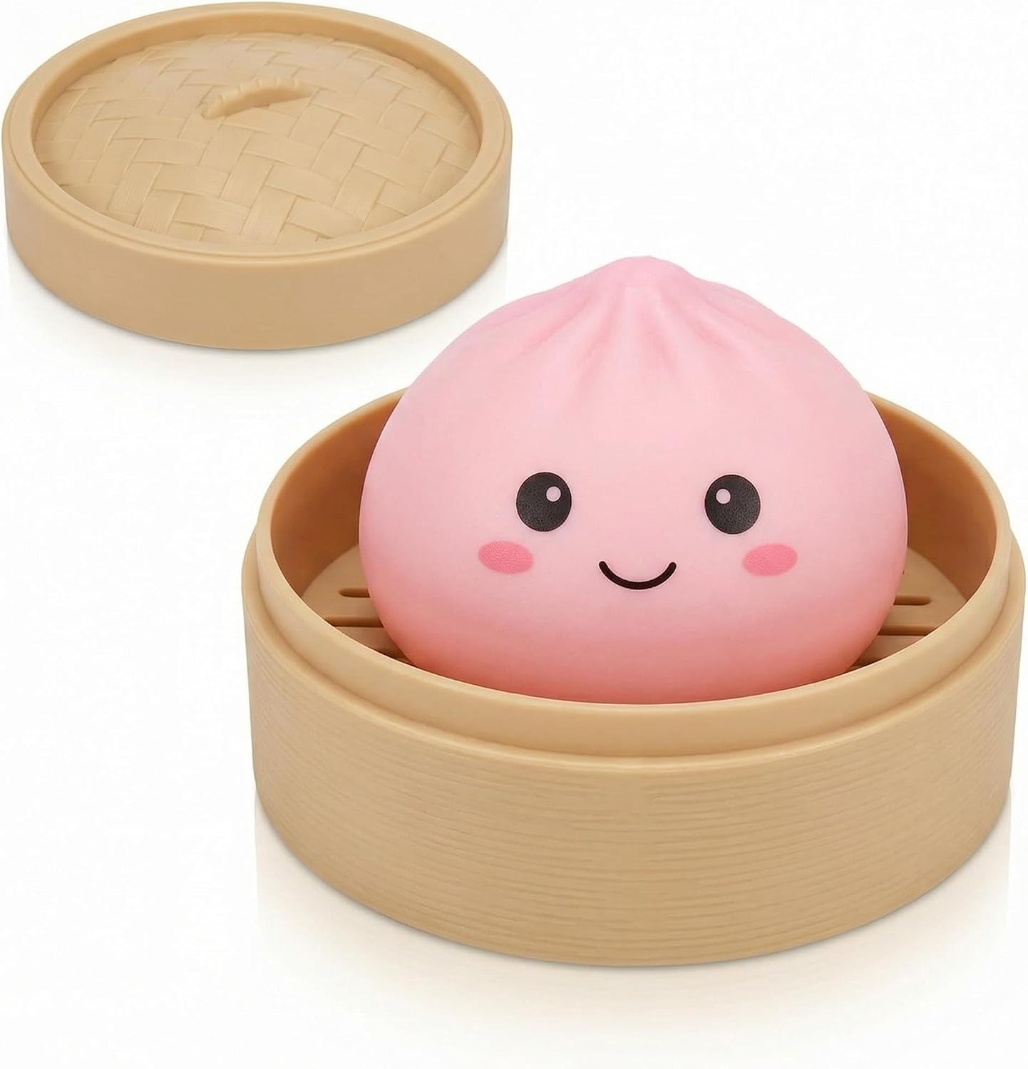 Dumpling Squishy,Squishy Dumpling Toy, Glitter Dumplings with Steamer Box, Cute Anxiety Relief Fidget Toy, Soft Squeeze Decompression Dough for Adults Teens & Kids (Pink)