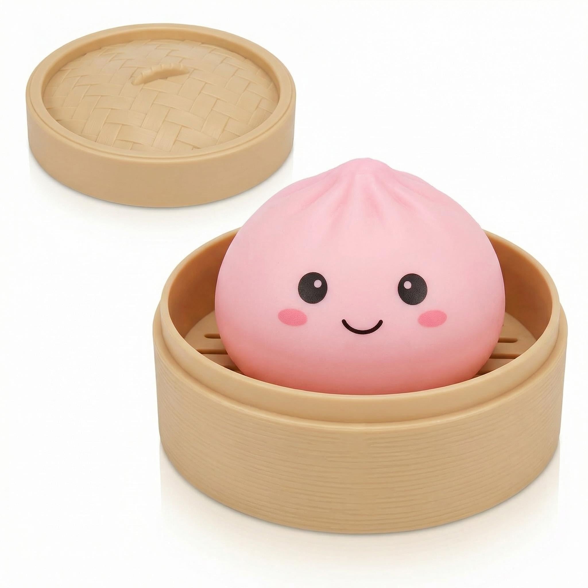 Dumpling Squishies Toy, Giant Glitter Dumpling Squishy, Colorful Dumplings Stress Balls Fidget Sensory Toy,Squeeze Dough Ball Stress Relief Hand Toys with Food Steamer Stretchy Desk Toys (Pink)