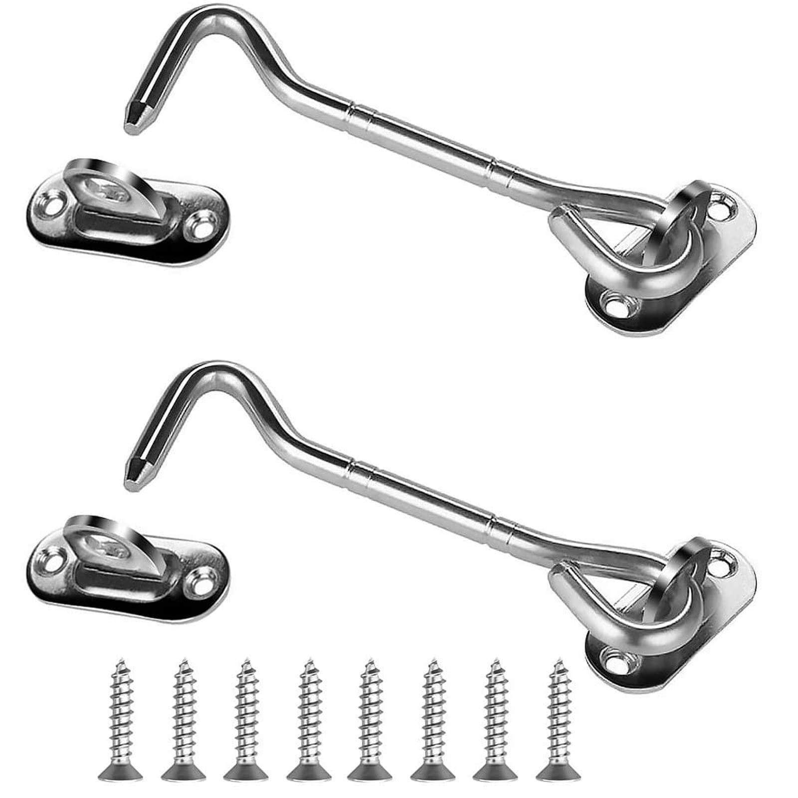 2 Pcs Stainless Steel Cabin Hook and Eye Latch Lock Hook Locks, Cabin Hooks for Outside Doors Latch with 8 Mounting Screws