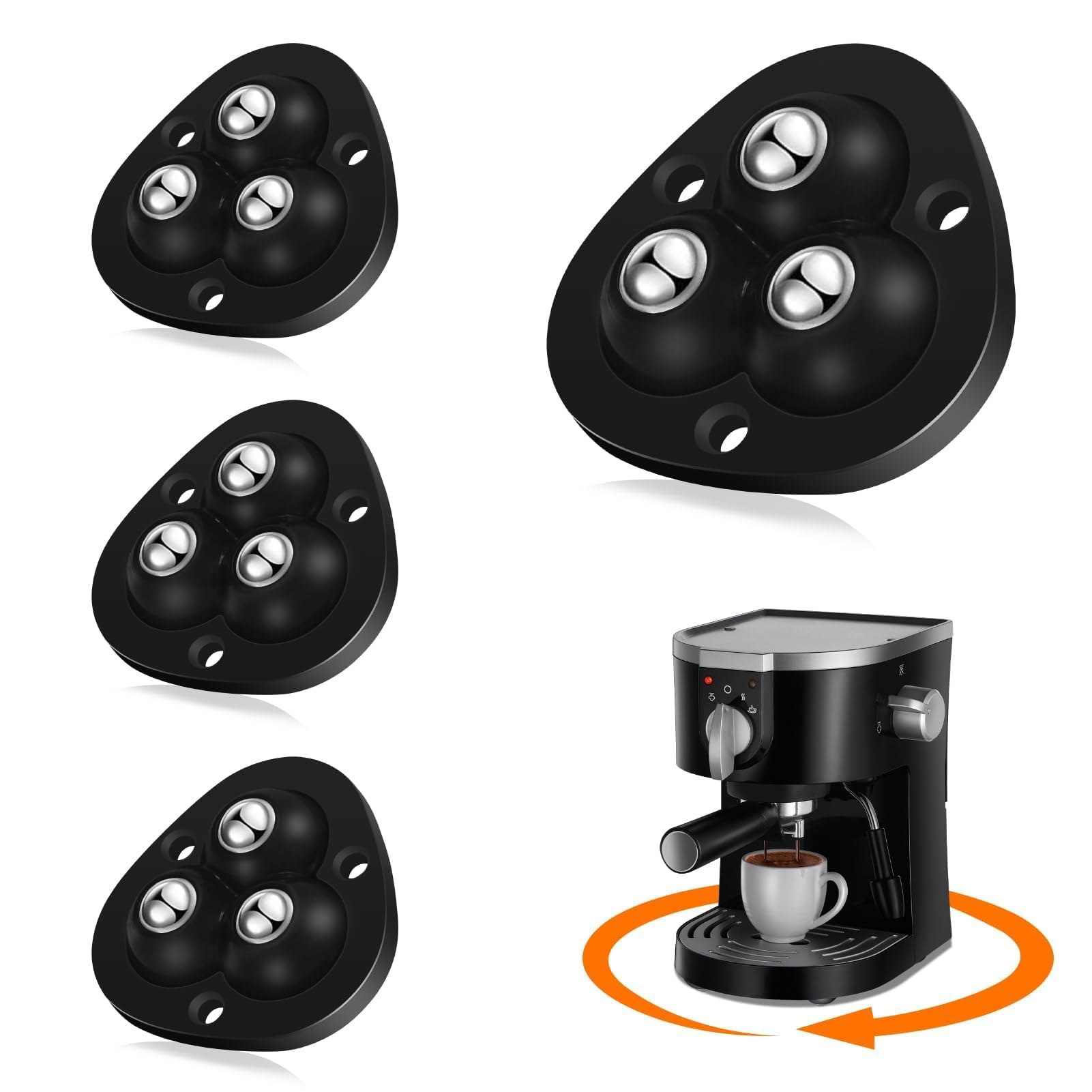 Photo 1 of TRVL FIELDER Self Adhesive Caster Wheels - 360° Swivel Universal Wheel, Mini Roller Ball Transfer Bearing for Small Kitchen Appliances, Storage Box, Trash Can (with 3 Ball Bearings, Black, 4 PCS)