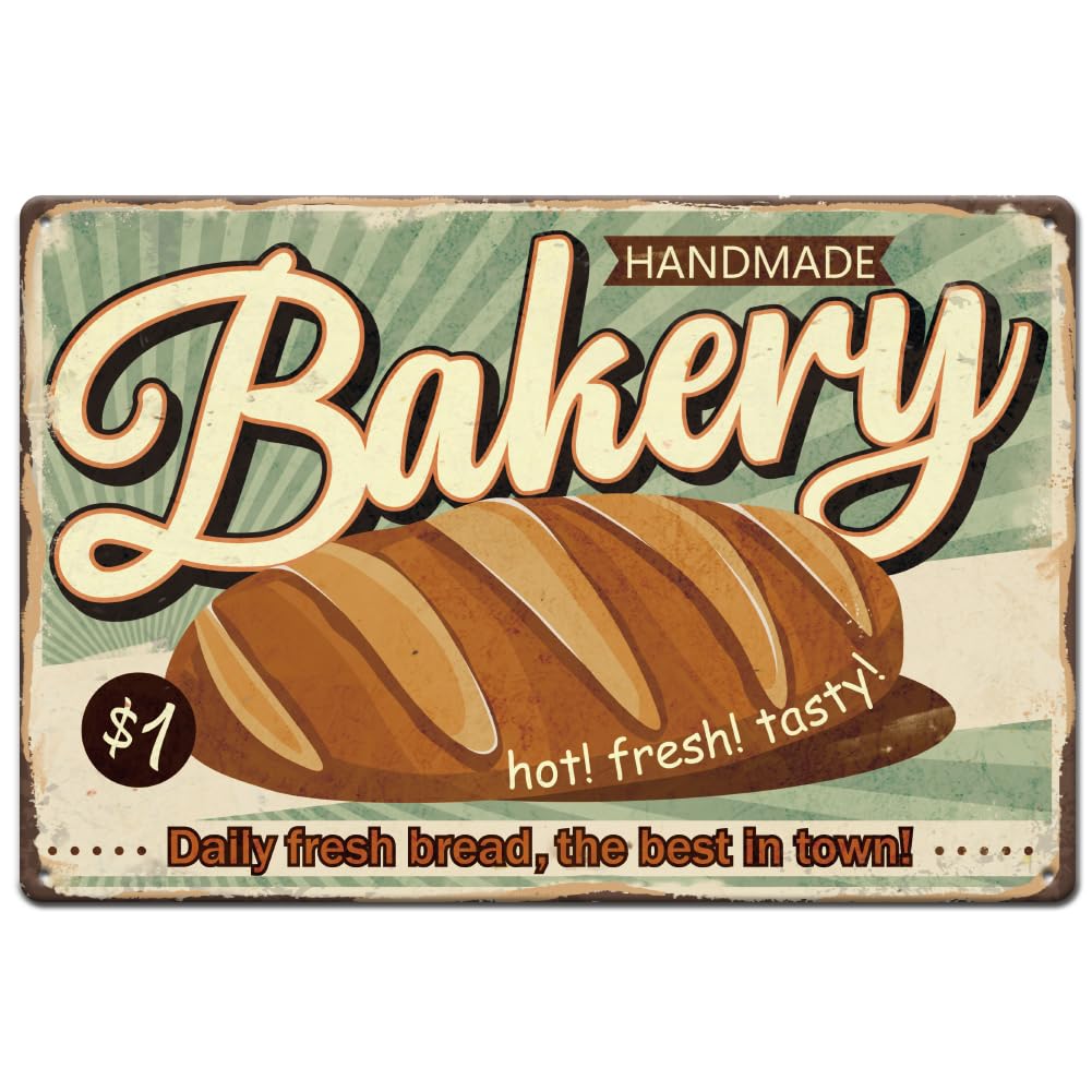 Photo 1 of SUPERDANT Bakery Tin Signs Daily Fresh Bread The Best In Town Metal Tin Sign Hot Fresh Tasty Vintage Iron Signs Wall Art Poster Metal Plaque for Bakery Dessert Shop Snack Bar Wall Decoration