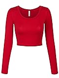 KOGMO Womens Long Sleeve Crop Top Solid Round Neck