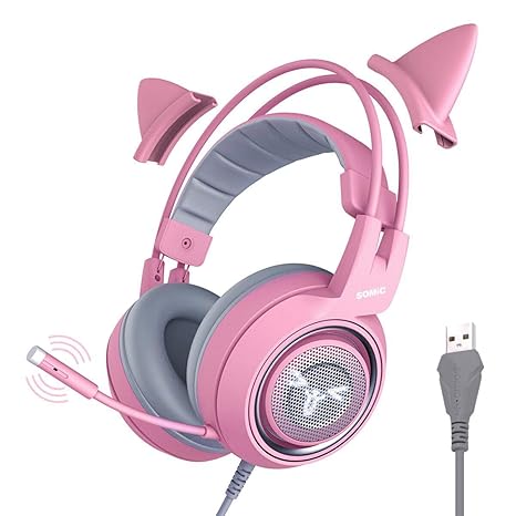 SOMIC G951rosa Spiel Kopfhörer, Rosa Kat Ohr Kopfhörer mit Virtuell 7.1 Umgeben Klingen, LED-Licht, Mikrofon zum Computer, PS