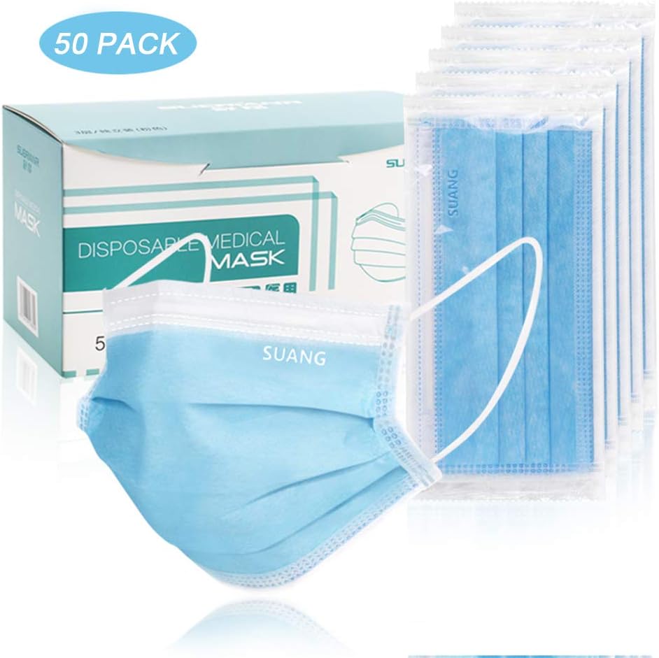 Disposable Masks 50 Pack Earloop Face Mask - Dental, Surgical, Medical, Allergy, Pollen, Antiviral, Flu, Cleaning, Painting, Mouth, Cover, Travel, Dust, Germ, Cough, Doctor, Blue