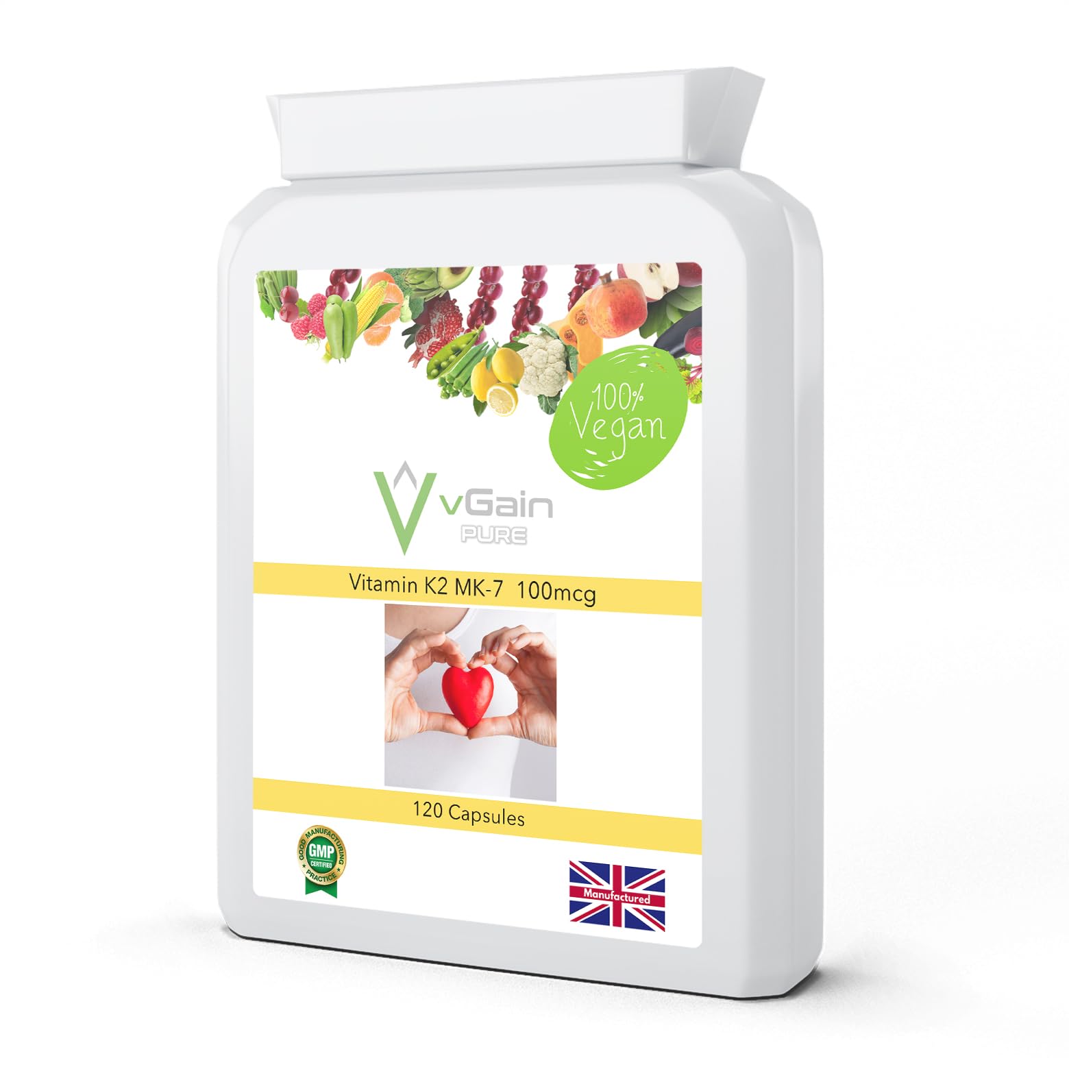 Vitamin K2 MK-7 100µg Capsules by vGain PURE - Suitable for Vegans and Vegetarians – High Strength Vitamin K2 Menaquinone MK7 – Can Provide Normal Bone & Cardiovascular Support - for Men & Women