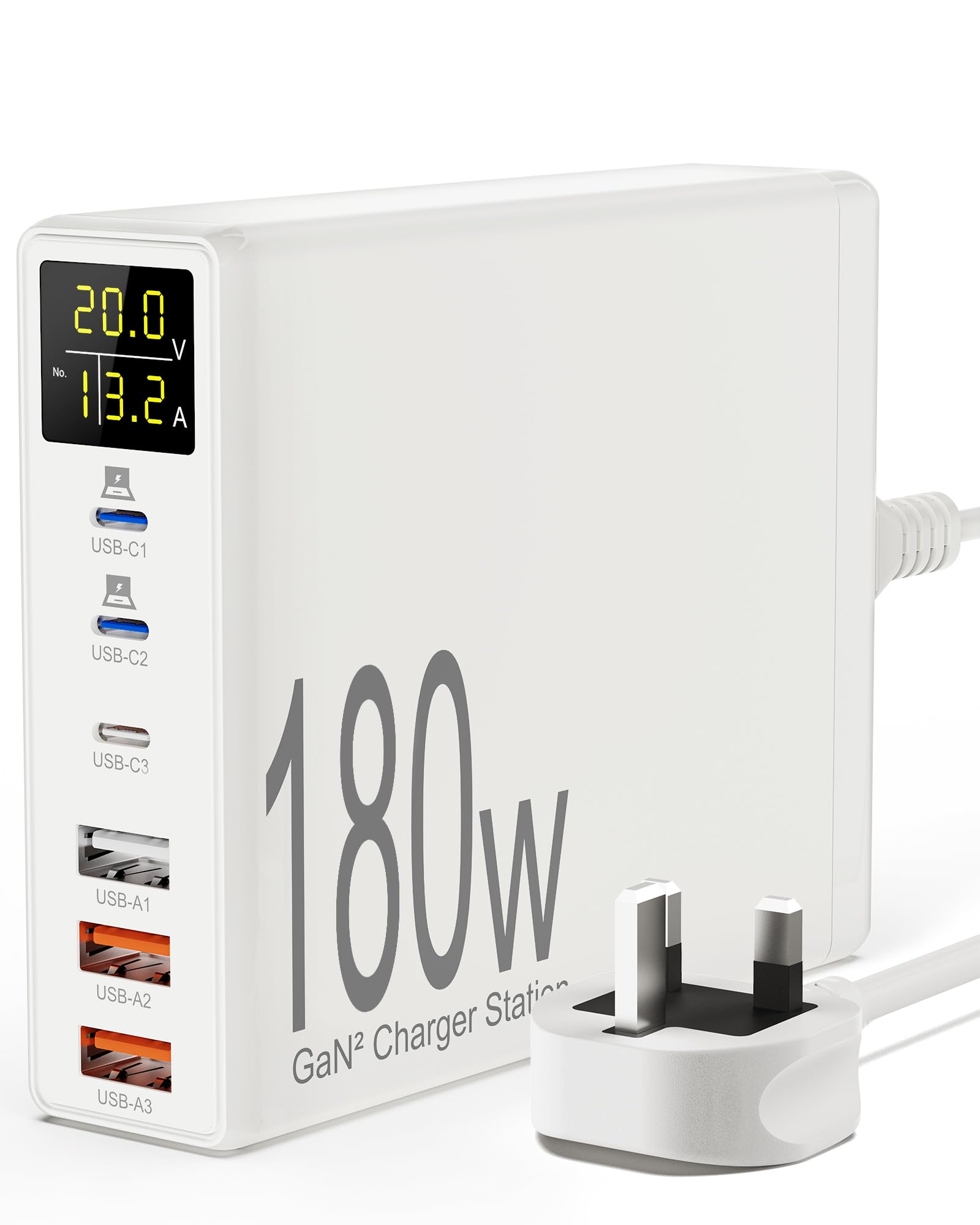 Sanicata 180W 6-Port USB C Charger - GaN USB Charging with LCD Display, Multiport USB Charger Block for iPad, iPhone, Galaxy, Android - White